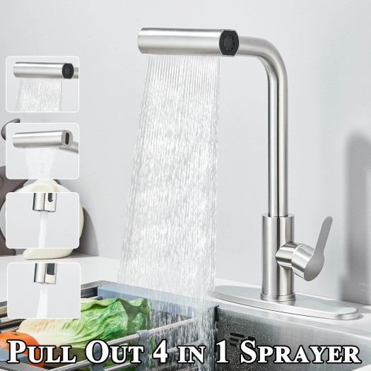 Brushed Nickel Kitchen Sink Faucet Pull Down Sprayer Single Handle Swivel Mixer