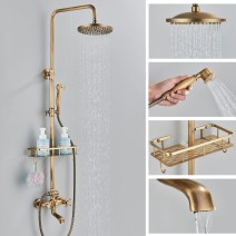 Antique Brass Shower Faucet System Exposed 8"Rainfall Shower Fixture Mixer Set