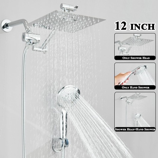 Chrome 12 In Rain Shower Head With Handheld Spray Combo High Pressure Adjustable