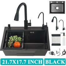 21.7 In Black Kitchen Sink Stainless Steel Single Bowl Sink With Pulldown Faucet