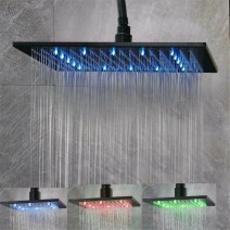 12“LED Shower Head Bathroom Ceiling/Wall Mount Rainfall Shower Sprayer Tap Black