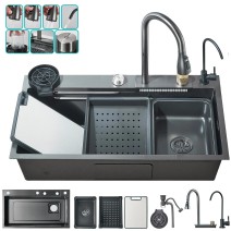 31.5" Flying Rain Stainless Steel Waterfall Kitchen Sink With Faucet Single Bowl