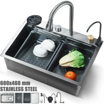 24" Flying Rain Stainless Steel Waterfall Kitchen Sink With Faucet Single Bowl