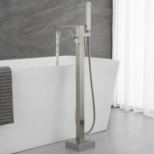Free Standing Bathtub Faucet Brushed Nickel Floor Mount Tub Filler Mixer Shower