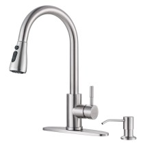 Brushed Nickel Kitchen Faucet Sink Mixer Pull Down Sprayer With Soap Dispenser
