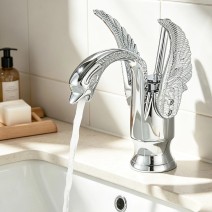 Luxury Chrome Swan Bathroom Faucet Single Handle Vessel Sink Vanity Faucet 1Hole