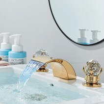 LED Waterfall Bathroom Sink Basin Faucet 3Holes Widespread Vanity Mixer Tap Gold