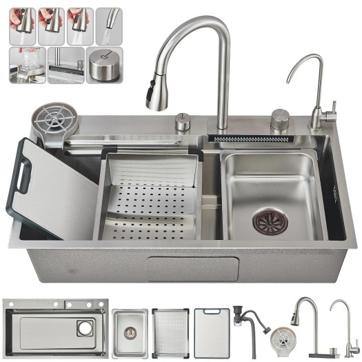 31.5" Flying Rain Waterfall Kitchen Sink Stainless Steel Single Bowl With Faucet