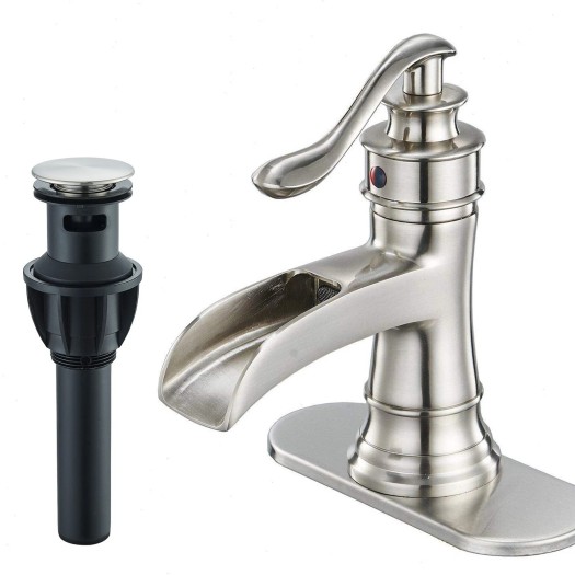 Waterfall Bathroom Sink Faucet Brushed Nickel Single‑Handle Vessel Mixer W/Drain