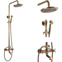 Antique Brass 8" Round Rain Shower Head Combo Exposed Shower Faucet Set System
