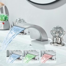 LED Bathroom Sink Faucet 3 Hole Widespread Basin Vanity Mixer Tap Brushed Nickel