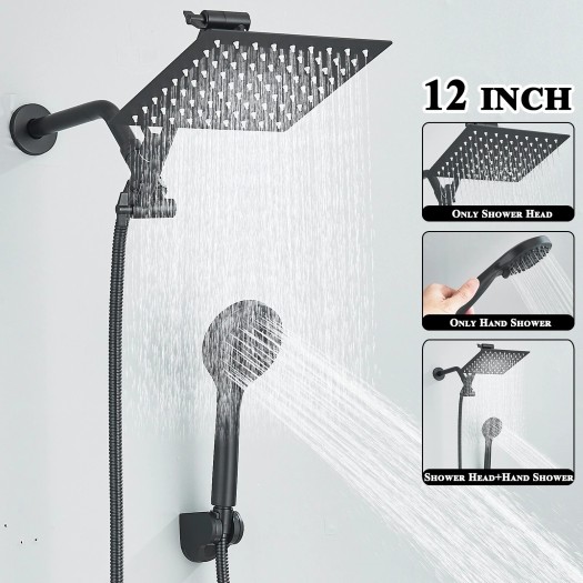 Black 12 In Rain Square Shower Head With Handheld Spray High Pressure Adjustable