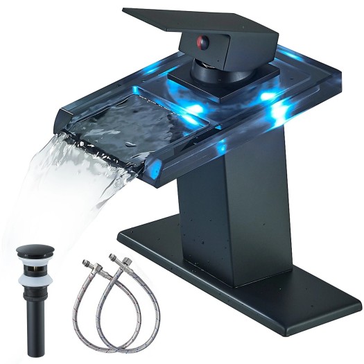 Black LED Bathroom Sink Faucet 1 Hole Waterfall Vanity Mixer Faucet With Drain