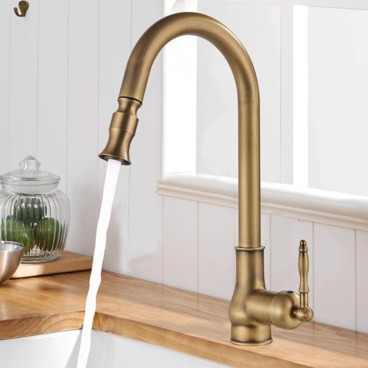 Antique Brass Kitchen Faucet Pull Down Sprayer Single Handle Swivel Spout Mixer