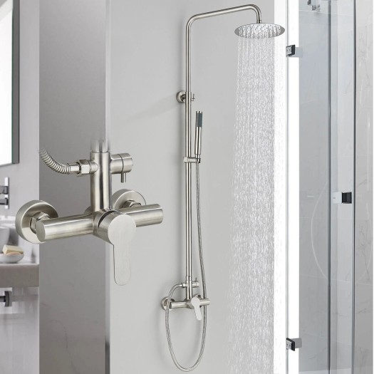 Brushed Nickel Outdoor Shower Faucet 8in Exposed Shower System With Hand Shower
