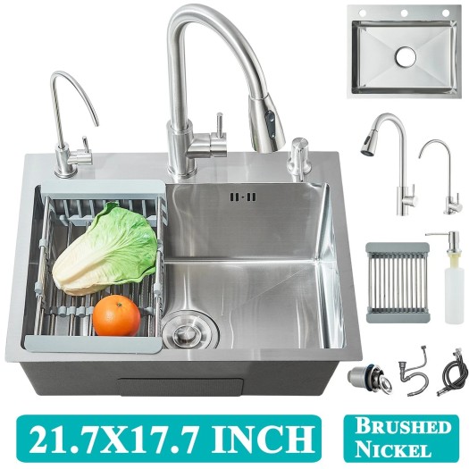 21.7 In Kitchen Sink Stainless Steel Single Bowl Sink W/Pulldown Faucet Drop In