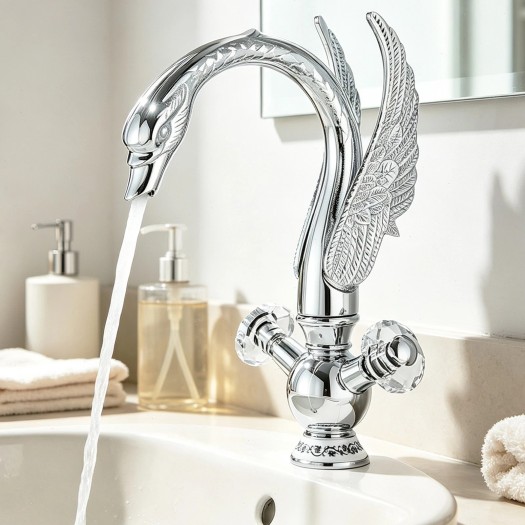 Chrome Swan Bathroom Sink Faucet 1 Hole Dual Crystal Knobs Vanity Basin Faucet