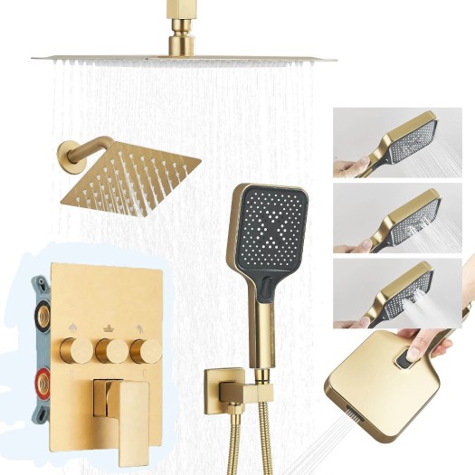 Brushed Gold Rainfall Shower System With 3 Settings Handheld Shower Faucet Set