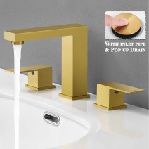 Brushed Gold Bathroom Sink Faucet 3 Holes Widespread Vanity Mixer Faucet W/Drain