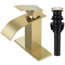 Brushed Gold Bathroom Sink Faucet Single Handle Waterfall Vanity Mixer With Drain