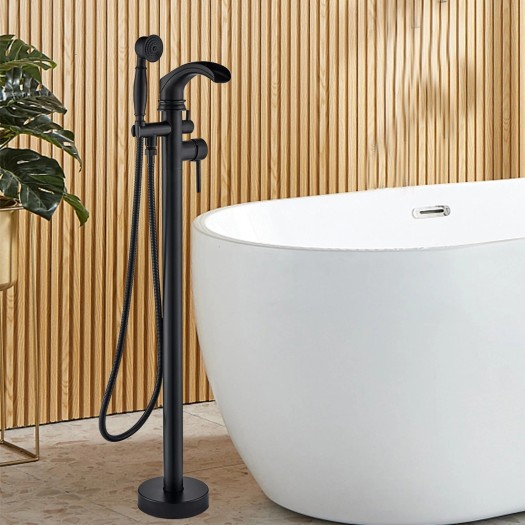 Black Bath Mixer Faucet Freestanding Tub Filler With Hand Shower Floor Mounted