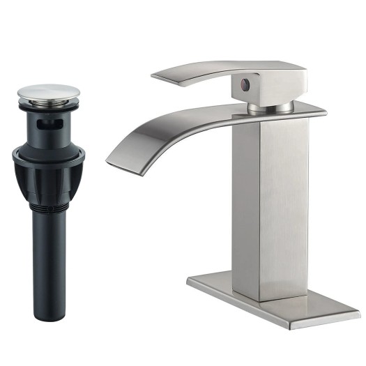 Brushed Nickel Bathroom Faucet Waterfall 1Hole Vanity Sink Mixer Taps With Drain