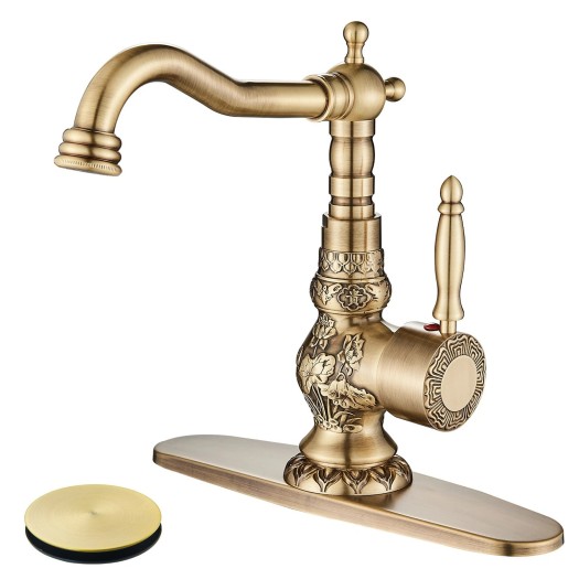 Antique Brass Bathroom Sink Faucet Single Handle Vanity Mixer Taps With Drain