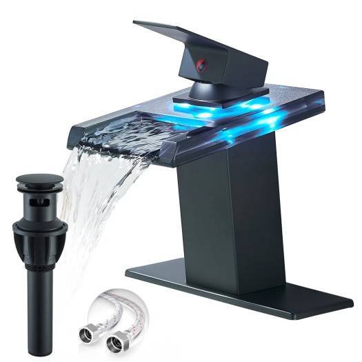 LED Bathroom Sink Faucet Black Waterfall Single Hole Handle Vanity Faucets Drain