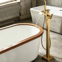 Freestanding Bathtub Faucet With Handheld Sprayer Brushed Gold Tub Filler Spout
