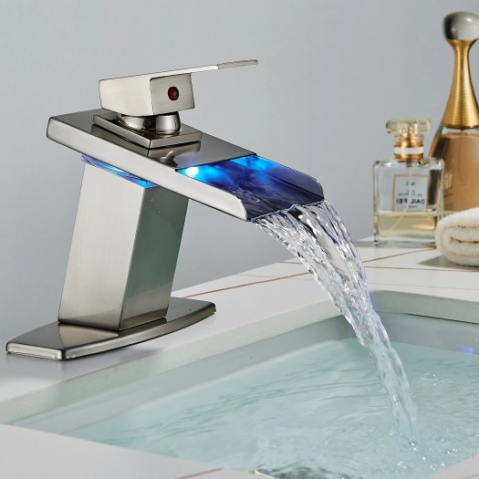 LED Waterfall Bathroom Sink Faucet 1 Handle Vanity Basin Mixer Brushed Nickel