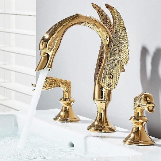 Gold Swan Bathroom Faucet 3 Holes Sink Vanity Faucet Dual Handle Mixer Taps