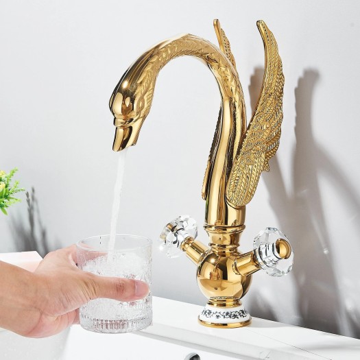 Gold Swan Bathroom Sink Faucet 1 Hole Vanity Mixer Dual Handle Swivel Spout Taps