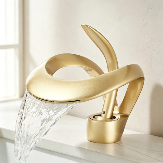 Luxury Waterfall Bathroom Sink Faucet Brushed Gold Single Handle Vanity Faucet
