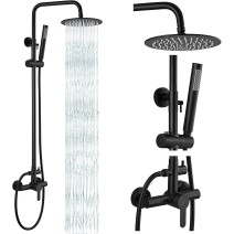 Matte Black 8" Rain Shower Faucet Set Exposed Shower System Kit With Hand Shower