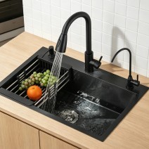 21.7" Black Kitchen Sink With Faucet Single Bowl Top Mount Sink Stainless Steel