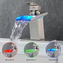 Brushed Nickel Bathroom Sink Faucet Single Handle LED Waterfall Vanity Faucet