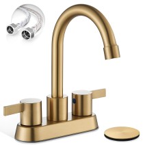 Bathroom Sink Faucet 3 Hole Brushed Gold 4inch Centerset Vanity Mixer With Drain
