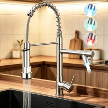 Commercial LED Kitchen Faucet Pull Down Sprayer Single Handle Stainless Steel