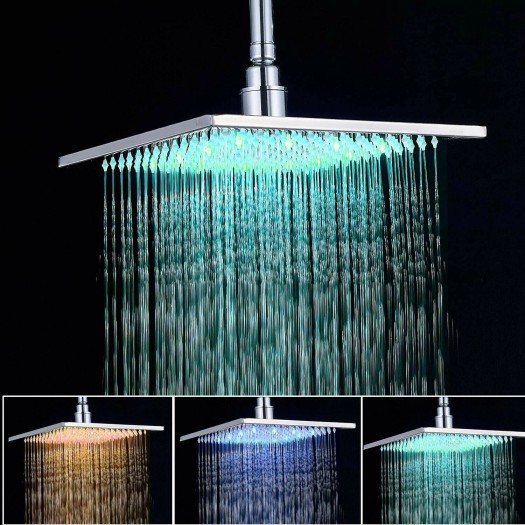 LED Shower Head Chrome 12 Inch Square Rainfall Sprayer Faucet Stainless Steel