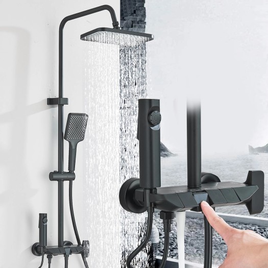 Black Rain Shower Faucet System Exposed Shower Fixtures Set With Handheld Shower