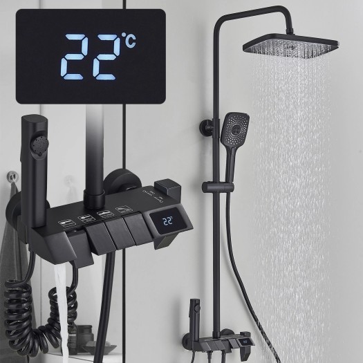Black Bathroom Rainfall Shower Faucet Set Exposed Shower System With Mixer Valve