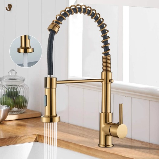 Brushed Gold Kitchen Faucet 1 Hole Pull Down Sprayer Commercial Mixer Sink Tap
