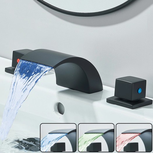 LED Waterfall Bathroom Sink Faucet 3Hole Vanity Mixer 2 Handle Widespread Faucet