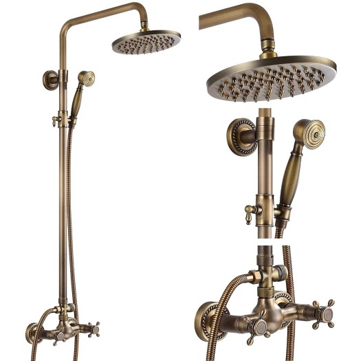Antique Brass Shower Faucet System Wall Mount Rain Shower Head Combo Mixer Taps