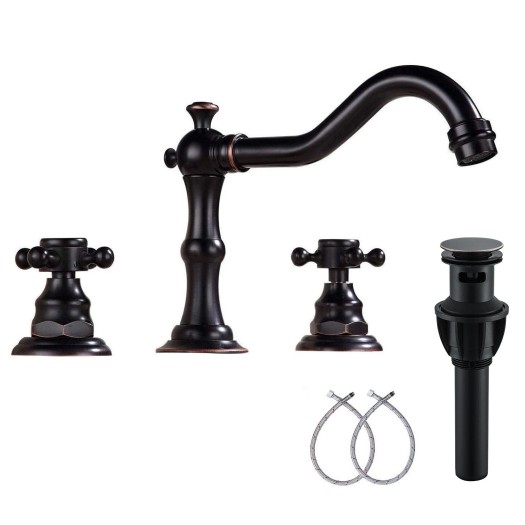 Oil Rubbed Bronze Widespread Bathroom Sink Vanity Faucet 3 Hole 2 Handle W/Drain