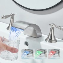 LED Waterfall Bathroom Faucet 3 Holes Sink Vanity Faucet 2Handle Brushed Nickel