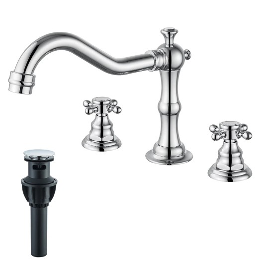 Chrome Bathroom Sink Faucet 2Handle 3 Hole Widespread Basin Mixer Faucet W/Drain