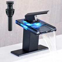 LED Bathroom Sink Faucet Black Waterfall Single Hole Handle Vanity Faucet Drain
