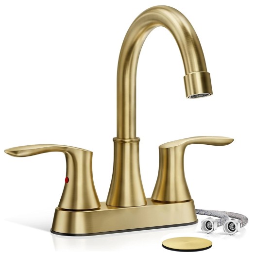 Brushed Gold Bathroom Sink Faucet 3 Holes 4in Centerset Vanity Mixer With Drain