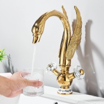Gold Swan Bathroom Sink Faucet 1 Hole Vanity Mixer Dual Handle Swivel Spout Taps